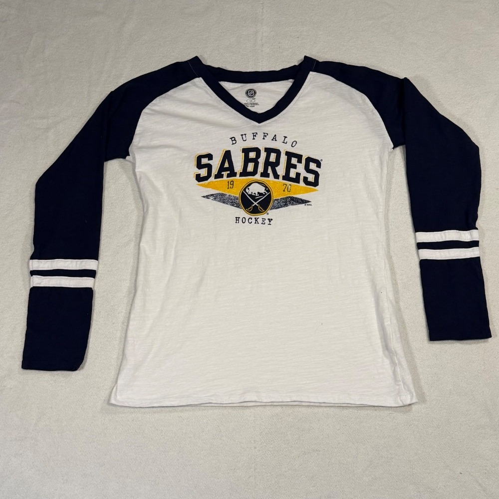 Buffalo Sabres Womens L Long Sleeve V Neck Raglan Tee NHL Navy White - Picture 2 of 8